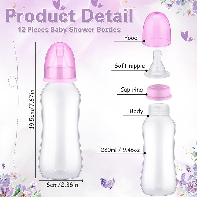 TrelaCo Cool Baby Shower Games Sets 12 Pcs Feeding Bottles with 1 Bottle Chug Sign for Gender Reveal Baby Shower Party Favors Decoration Games(Butterfly,Purple)