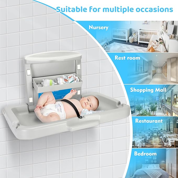 Commercial Baby Changing Station Diaper Wall Mount, Foldable Baby Change Station/Diaper Adopt HDPE Safe Materials for Baby, 60lb Wall-Mounted Baby Changing Station Table with Storage Box