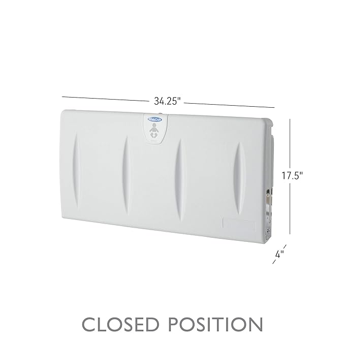SafetyCraft Horizontal Wall-Mounted Baby Diaper Changing Station - Easy to Clean, High-Density Polyethylene w/Heavy Duty Steel Hinge - Built-in Liner Dispenser for Hooking Purse or Bag, Light Gray