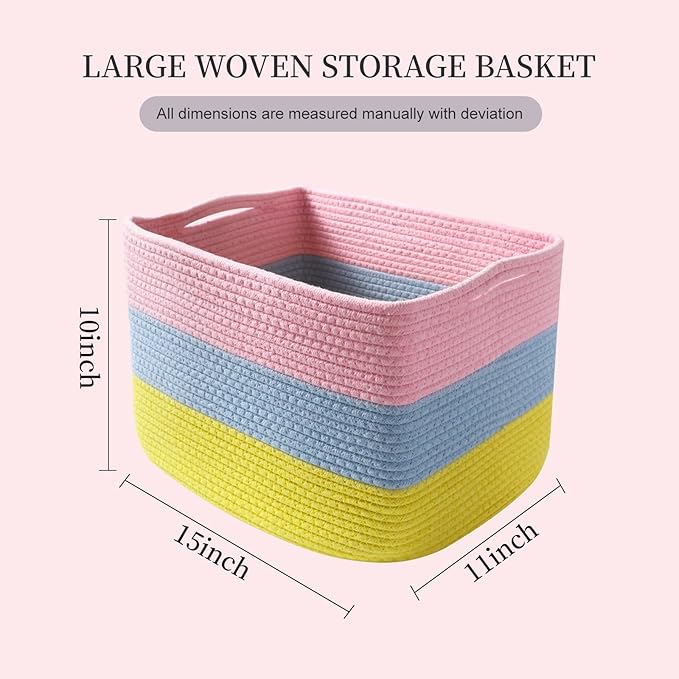 Hopegiver Storage Baskets for Organizing with Handle, Woven Baskets for Shelves - Durable Gift Basket for Cloth Toys Books Baby, Cotton Rope Basket for Dog Cat, 15x11x10 Inch(Pink&Blue&Yellow)