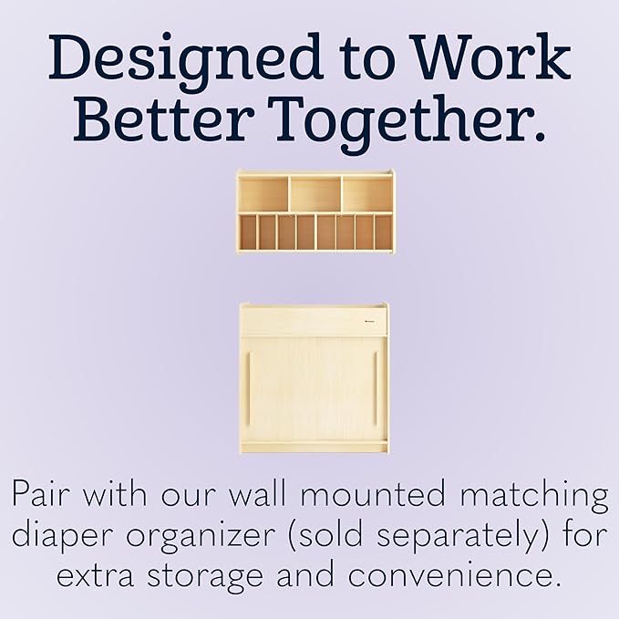 Foundations SafeGlide Daycare Changing Table, Durable Wood Construction, Built-in Shelving for Ample Storage, Gliding Doors, Adjustable Safety Strap, Includes Foam Mattress Pad (Natural)