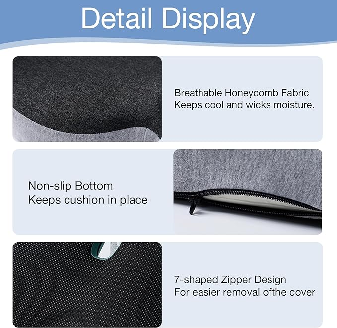 Memory Foam Seat Cushion, Chair Cushion for Office Chair, Car Seat, Relieving Pressure Tailbone Sciatica Back Pain for Long Sitting Office Workers, Car Drivers, Black