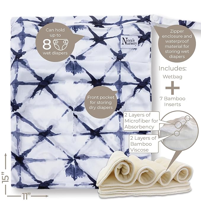 Nora's Nursery Cloth Diapers 7 Pack with 7 Inserts & 1 Wet Bag - Waterproof Cover, Washable, Reusable & One Size Adjustable Pocket Diapers for Newborns and Toddlers - Toy Box