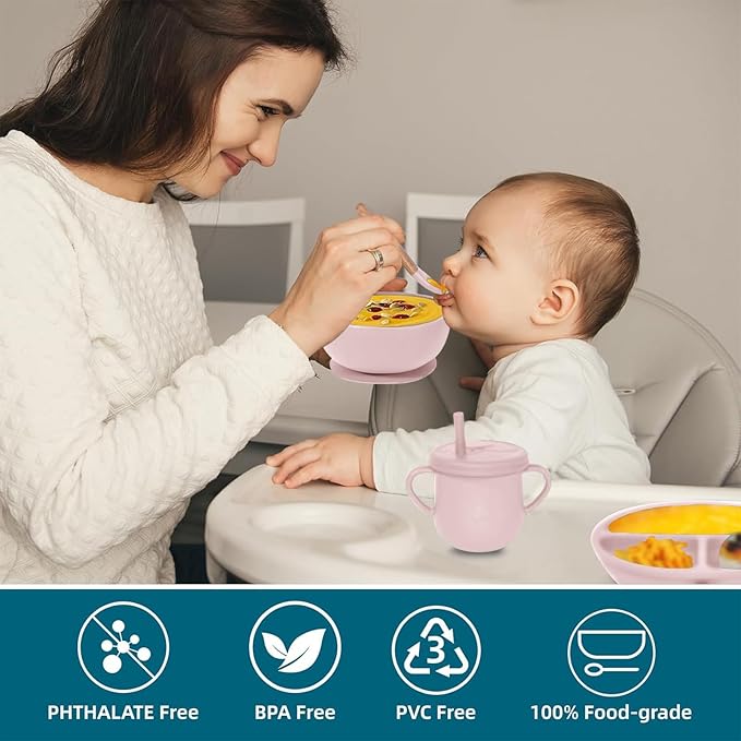 100% Silicone baby feeding set,BPA free Baby dishes set with Suction Bowl Divided Plate,Toddler Self Feeding Dish Set with Spoons Forks Sippy Cup And Bib, Baby Eating Utensils (Lilac)