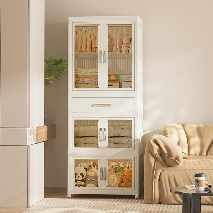 Portable Kids Wardrobe Closet with Doors, Plastic Baby Wardrobe Storage Cabinet with Hanging Rod Children's Clothes Closet Costume Storage Organizer (1 Pack)