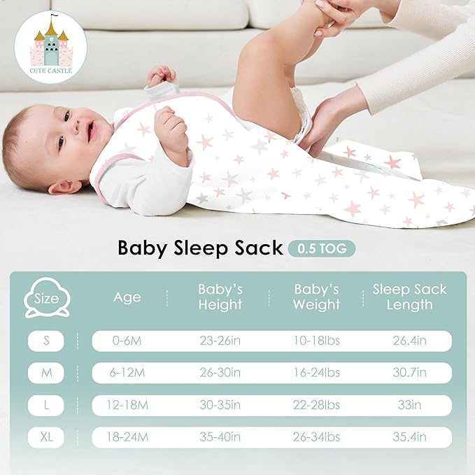 Cute Castle Baby Sleep Sack 6-12 Months - Lightweight 100% Cotton 2-Way Zipper TOG 0.5 Infant Wearable Blanket, Newborn Essentials Toddler Sleep Clothes, 3 Pack(Pink, Moon, Stars)