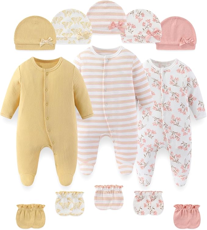 Fashion Baby Boy Girl Clothing Set Cotton Soft 3-Piece Long Sleeve Button Rompers 5-Pack Hats&Gloves Infant Clothes
