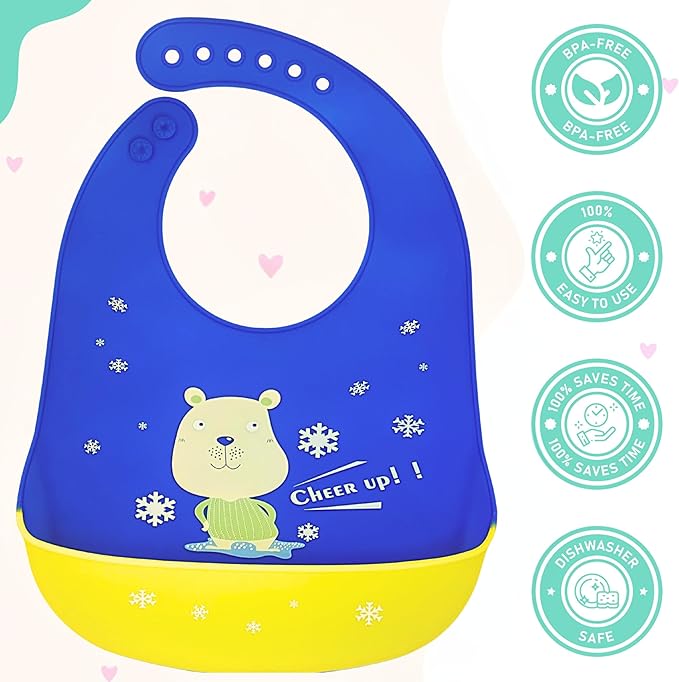 Silicone Baby Bibs Unisex, Self-Feeding, Catch-all Large Pocket, 6-48 months, BPA-Phthalate Free, w/Travel Case