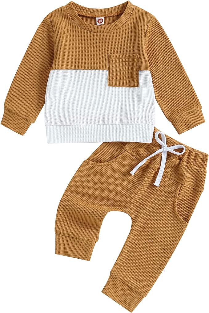 Toddler Baby Boy Fall Clothes Waffle Contrast Color Sweatshirt Pants Sets Infant Winter Outfits 6 12 18 24 Months