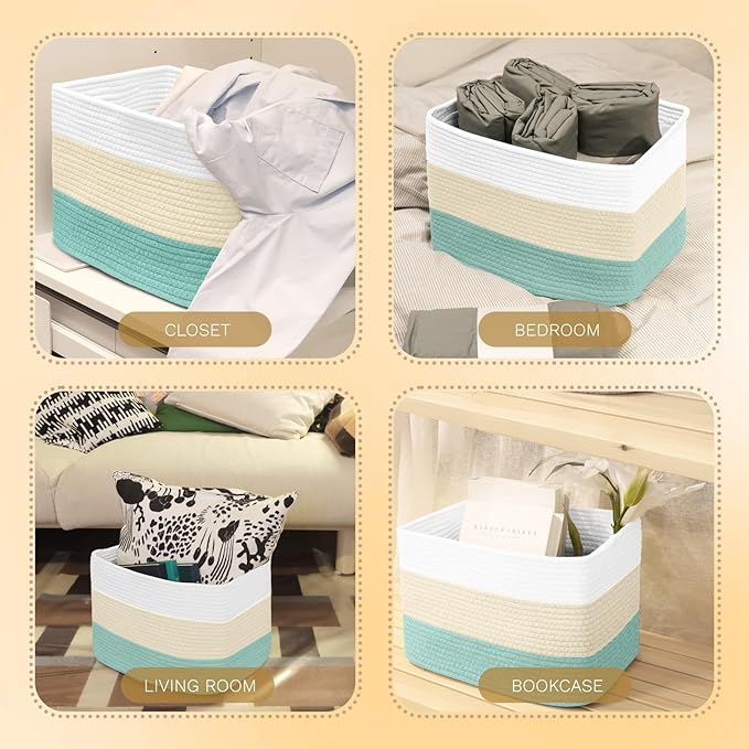 Hopegiver 3 Pack Storage Baskets for Organizing with Handle, Woven Baskets for Shelves - Durable Gift Basket for Cloth Toys Books Baby, Cotton Rope Basket for Dog Cat, 15x11x10 Inch(White&Cream&Green)