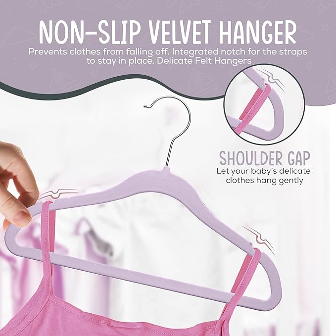 50 Premium Velvet Baby Hangers 11.8" Inch Non-Slip Infant, Ultra Slim Space-Saving Children Closet Hangers, 360° Swivel Hook, Strong & Durable Baby Toddler Kids Clothes Hanger, Purple