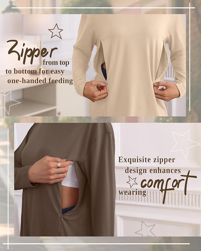 3 Pack Women's Nursing Breastfeeding Tops, Long Sleeve Maternity Shirts Oversize Hidden Zipper Pregnancy Clothes