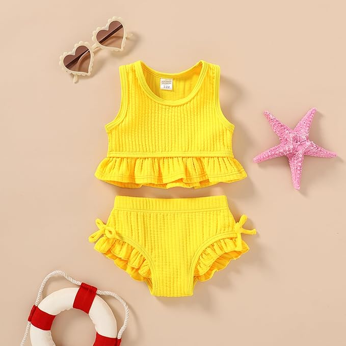 HAPPYMA Baby Swimsuit Toddler Girl Bathing Suit Summer Solid Color Bikini Set Beach Two Piece Swim Wear