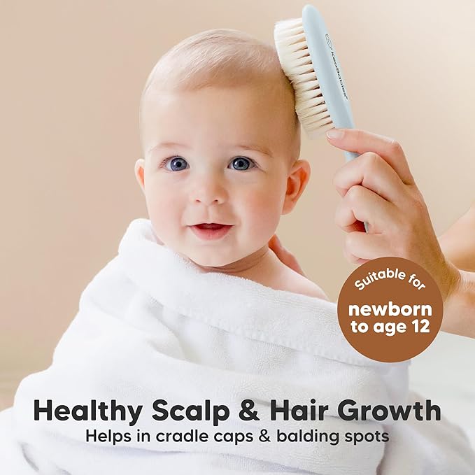 Wooden Baby Hair Brush - Cradle Cap Baby Brush with Soft Goat Bristles, Perfect Gentle Scalp Newborn Comb for Infant, Girls, Boys, Bath Essentials(Frost, Oval)