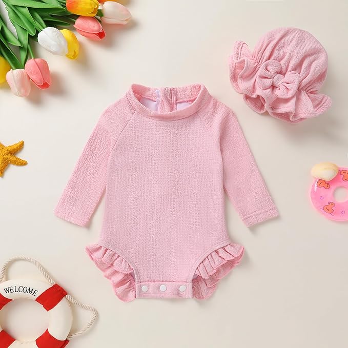 YOUNGER TREE Infant Baby Girls Swimsuit Long Sleeve Swimsuits One Piece Swimsuit Solid Color Bathing Suit with Hat, UPF 50+