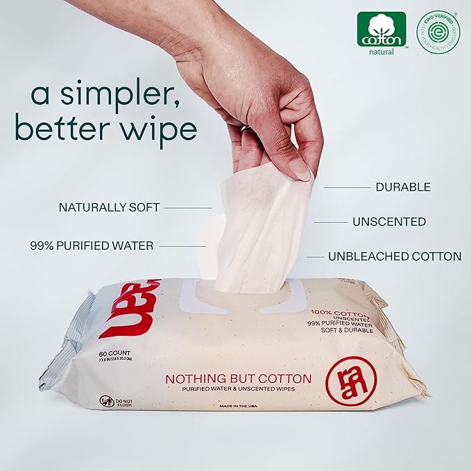 Raan, 100% Cotton Baby & Toddler Wipes, Unbleached, 99% Purified Water, Unscented, EWG verified, Made for Sensitive Skin, Extra Soft and Durable, 8 pack, 480 Count