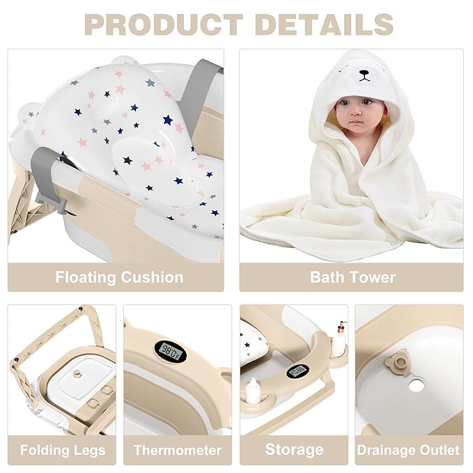 MoreFeel Collapsible Baby Bathtub for Newborn with Thermometer & 1 Hooded Towel & 1 Soft Floating Cushion,Portable Travel Bathtub with Drain Hole, Durable Foldable Baby Tubs for Infants to Toddler