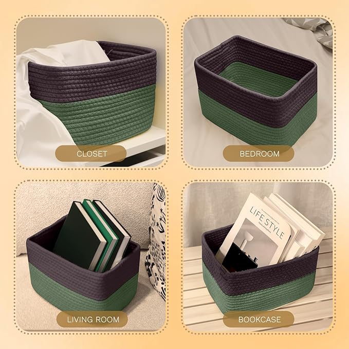 Hopegiver 3 Pack Storage Baskets for Organizing with Handle, Woven Baskets for Shelves - Durable Gift Basket for Cloth Toys Books Baby, Cotton Rope Basket for Dog Cat, 11x8x7 Inch(Brown&Green)