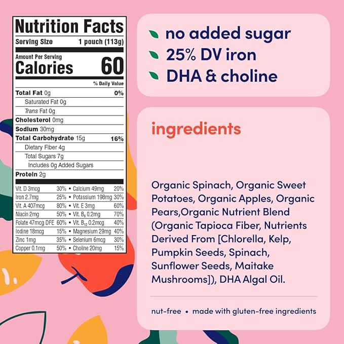 Cerebelly Organic Baby Food Pouches, Spinach Apple Sweet Potato Purees, 16 Nutrients, No Added Sugar, Fiber & Non-GMO, 4oz, 12 Pack