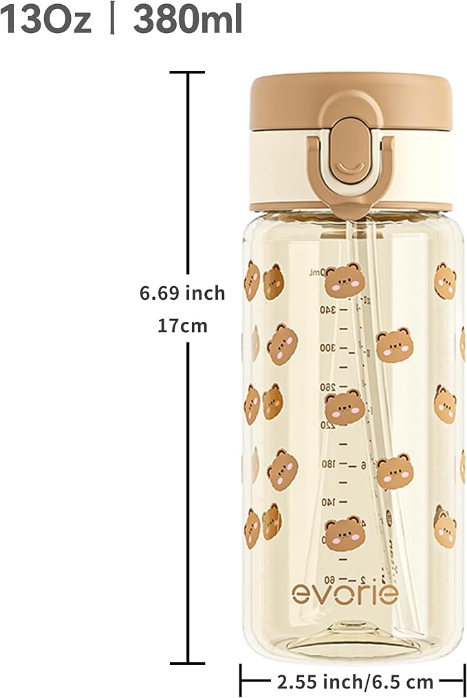 Evorie Tritan Kids Water Bottle for School with Straw, 13oz BPA Free Leak Proof Drinking Cup, Lightweight and Durable Drink Bottle (Honey Bear)