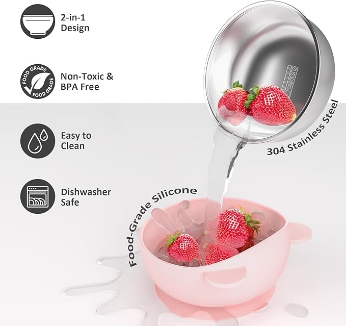 Stainless Steel Baby Bowls with Suction, 2-in-1 SUS304 Toddlers Bowl & Removable Silicone Suction Kids Bowl, Non Toxic Snack Container for Baby Food Feeding, Soft Blue/Sage/Pink/Gray Set of 4