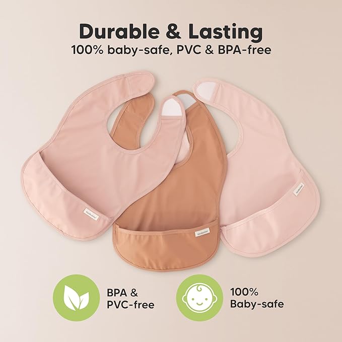 3-Pack Waterproof Baby Bibs for Eating - Lightweight Toddler Feeding Bibs with Large Food Catcher, Mess Proof, Food-Grade Baby Eating Essentials, Easy to Put On & Clean (Mellow)