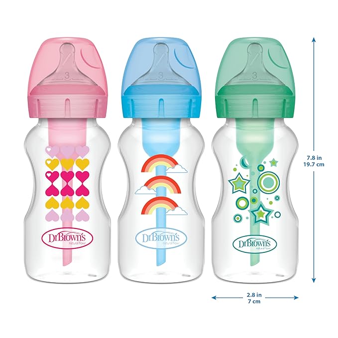 Dr. Brown’s Anti-Colic Options+ Wide-Neck Sippy Bottle Starter Kit, 9oz/270mL, with Level 3 Medium-Fast Flow Nipple and Soft 100% Silicone Sippy Spout, Pink, BPA Free, 6m+, 2 Pack