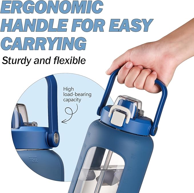 72oz Glass Water Bottle with 2-IN-1 Straw &Chug Lid, Large Motivational Glass Bottle with Capacity Marker and Silicone Sleeve, 2.1Liter Gallon Water Jug for Home, Sports, Gym, BPA Free-Blue