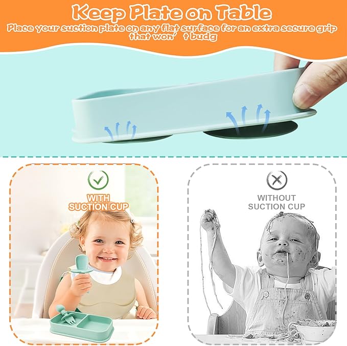 Travel Silicone Baby Feeding Set, 6 In 1 Portable Plates Spill Proof with Suction, Silicone Baby Spoon & Fork, Lightweight Foldable Baby Bib for Toddler with Waterproof Storage Bag - Green