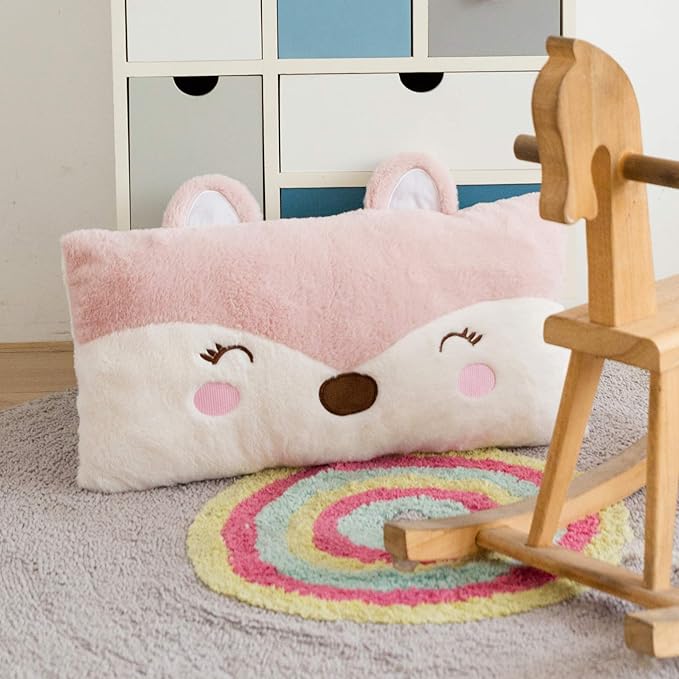 Stuffed Animal Lumbar Pillow, Super Soft Plush Cuddle Throw Pillow for Kids, Cute Fox Shaped Pillow, 12 x 24 Inches, Pink, Ivory