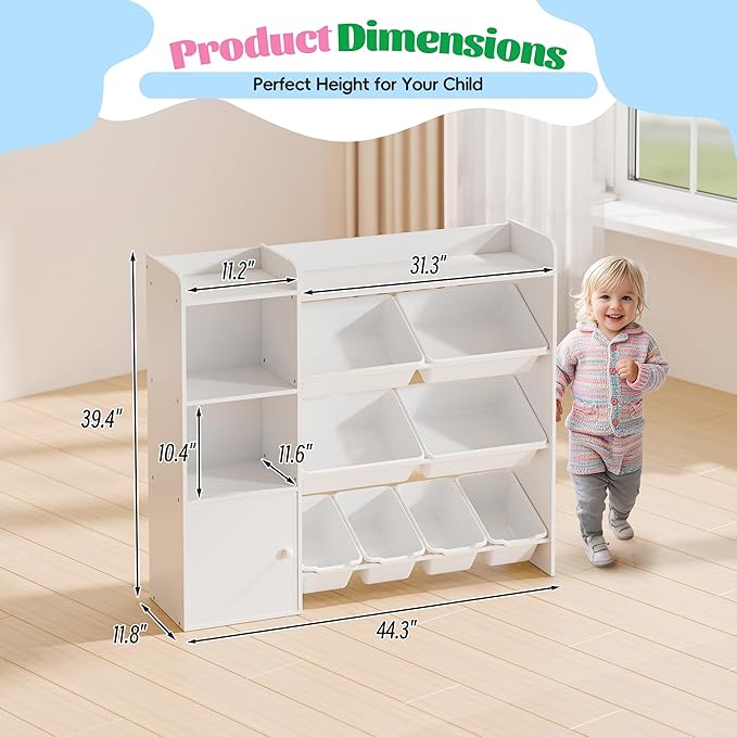 White Toy Storage Organizer, Toy Organizers and Storage Bins, Toy Storage Shelf with 8 Toy Bins, Toy Organizer with Bookshelf, Book Shelf and Toy Storage for Kids Room, Playroom, Bedroom, Nursery