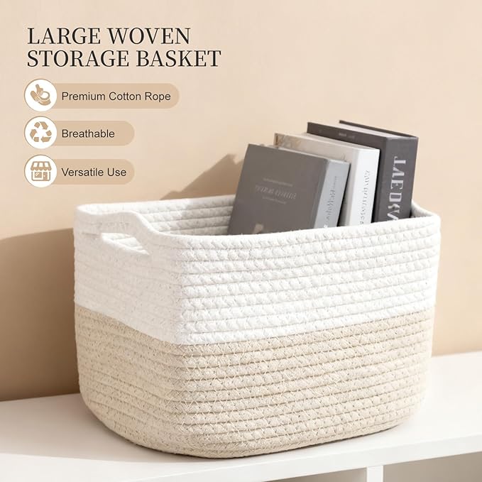 Hopegiver 3 Pack Storage Baskets for Organizing with Handle, Woven Baskets for Shelves - Durable Gift Basket for Cloth Toys Books Baby, Cotton Rope Basket for Dog Cat, 11x8x7 Inch(White&Khaki)