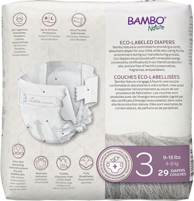 Bambo Nature Hypoallergenic Dream Baby Diapers, Premium Eco-Labeled Sustainable Diapers, Enhanced Leakage Protection, Totally Chlorine-free, Skin Friendly, and Super Absorbent - Size 3 (348 Count)