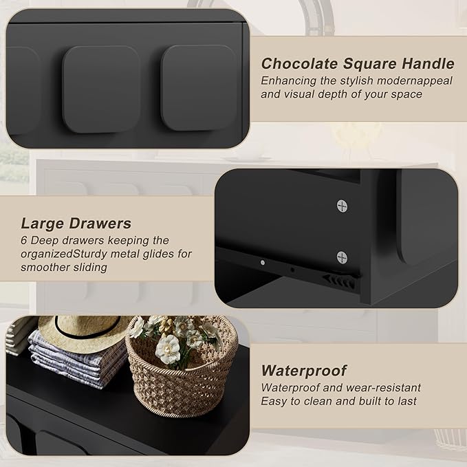 Anbuy Black Baby Dresser for Bedroom, Dresser for Baby with 6 Drawers, Storage and Organization Unit with Square Handles for Nursery, Kids Bedroom