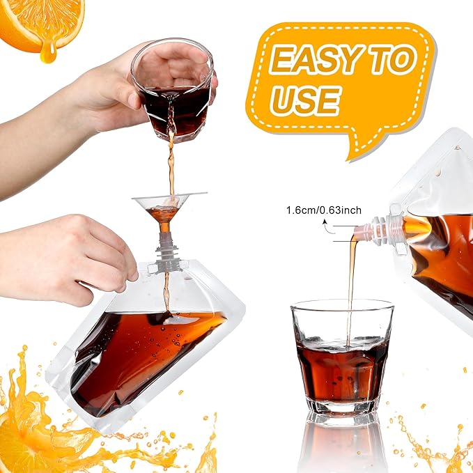 Meanplan 100 Pcs Plastic Pouches Bulk Reusable Squeeze Pouches Clear Plastic Juice Leak Proof Bags with Funnel for Party Favors Supplies(32 oz,Inclined Mouth)