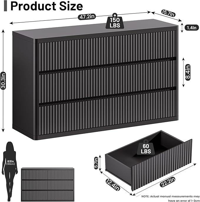 Black Dresser for Bedroom with 6 Double Drawers, 48" Wide Wooden Chest of Drawers with Curved Profile, Modern Fluted Dresser TV Stand, Wood Closet Clothes Storage Organizer for Living Room