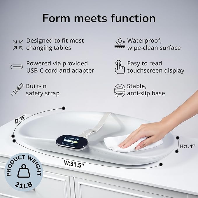 Woddle Multifunctional Smart Baby Changing Pad with Precision Scale for Critical Weight Monitoring + AI App, Noise Machine, Warmer, Night Light, Touchscreen Tracker, All-in-One
