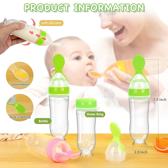 WAJIAYON Baby Food Feeder 4 Pack Silicone Baby Food Dispensing Spoon-3 oz Squeeze Feeding Spoons with Suction Cup for Boys Girl Kids Toddlers - Self Feeding Bottle Spoon-Green