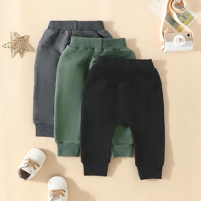 Sejardin Toddler Baby Boy Girl Pants 3 Pack Solid Color Elastic Waist Jogger Sweatpants Newborn Infant Casual Bottoms