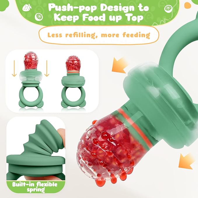 Bear Baby Fruit Food Feeder & Mini Freezer Nibble Tray Combo, 2 Pack Breastmilk Popsicle Molds for Baby Teething Relief, BPA Free Silicone Feeder for Safe Infant Self Feeding, Dishwasher Safe, Green