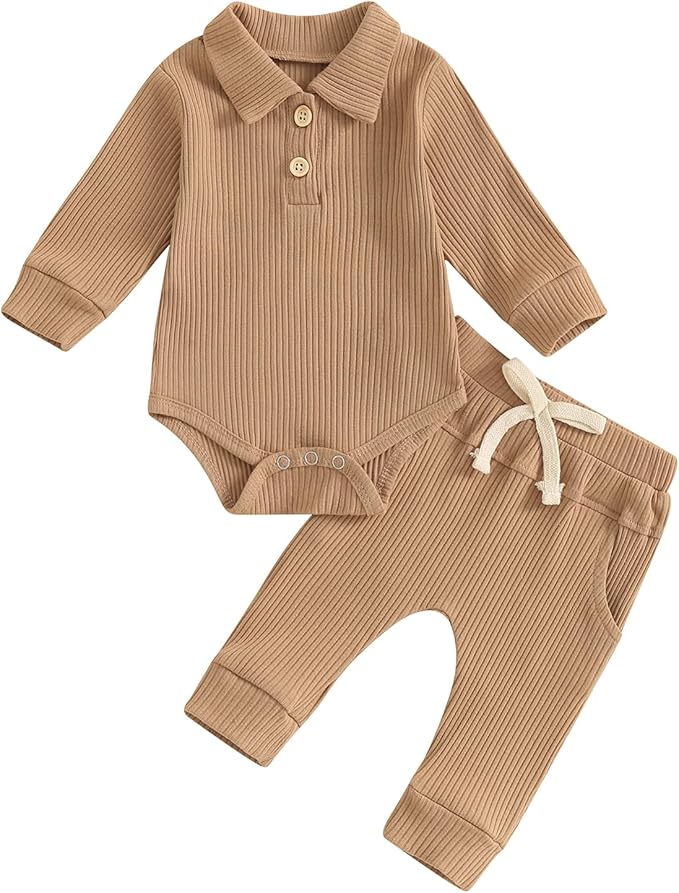 Newborn Baby Boy Girl Clothes Ribbed Knitted Long Sleeve Romper Pants Solid Cotton Infant Fall Winter Outfits 2Pcs