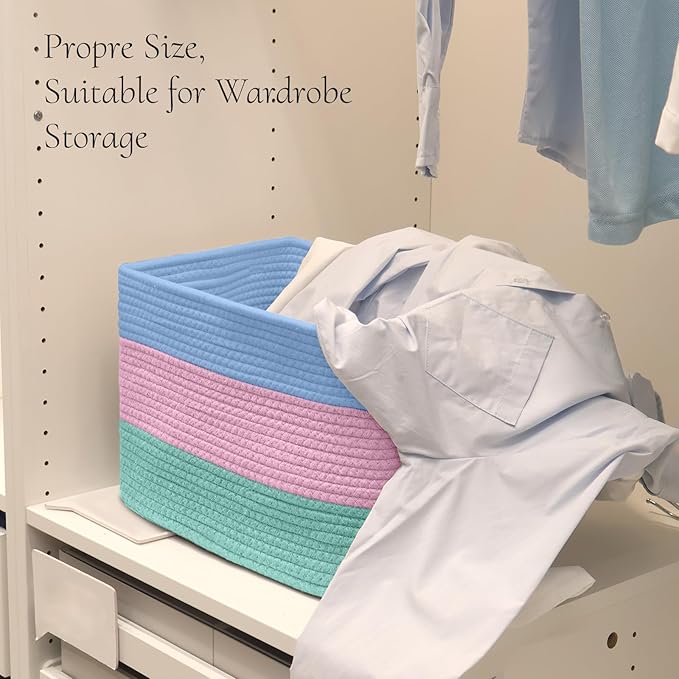 Hopegiver Storage Baskets for Organizing with Handle, Woven Baskets for Shelves - Durable Gift Basket for Cloth Toys Books Baby, Cotton Rope Basket for Dog Cat, 15x11x10 Inch(Blue&Pink&Green)