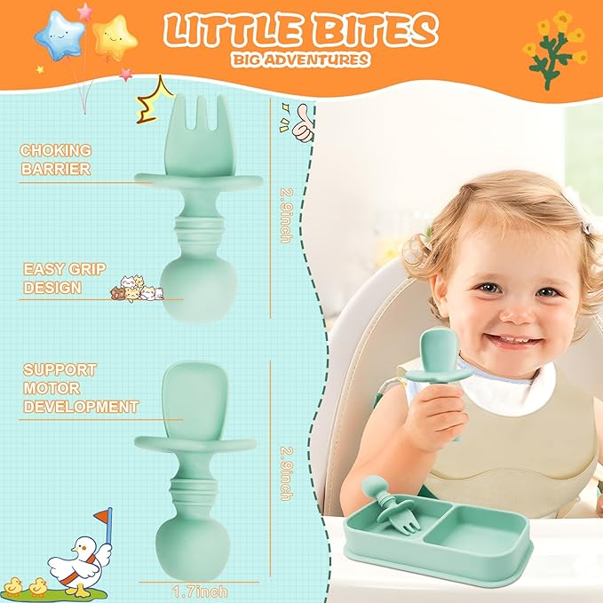 Travel Silicone Baby Feeding Set, 6 In 1 Portable Plates Spill Proof with Suction, Silicone Baby Spoon & Fork, Lightweight Foldable Baby Bib for Toddler with Waterproof Storage Bag - Green