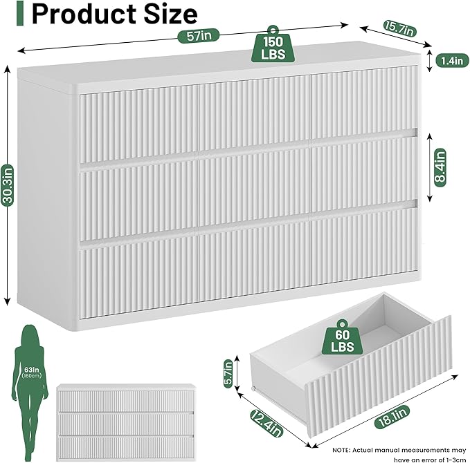 White 9 Drawers Dresser, 57" Wide Fluted Dresser for Bedroom, Modern Chest of Drawers with Curved Profile, Handleless, Wooden TV Stand with Organizer Storage for Living Room, Entryway