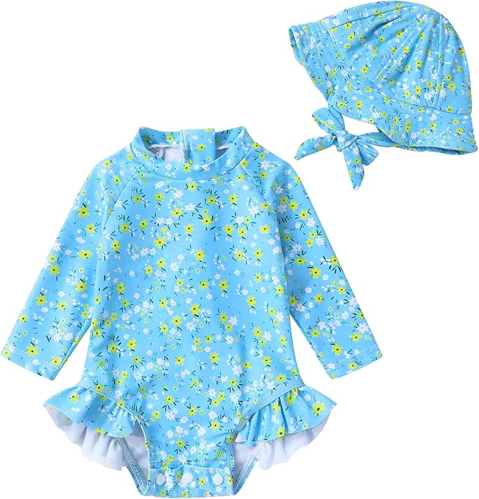 Infant Baby Girl Swimsuit One-Piece Long Sleeve Rash Guard with Hat Set Floral Zipper Bathing Suit Leopard Beach Wear