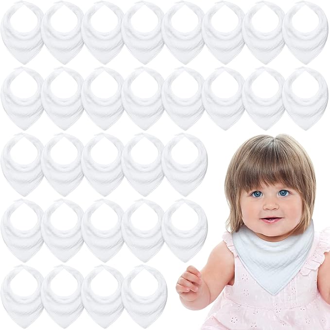 Giegxin 30 Pcs Muslin Baby Bibs White Bandana Drool Unisex Girls Boys Triangle Soft Absorbent Solid Colors Adjustable Newborn Bibs Set for Baby Infants Toddlers Teething Drooling Feeding