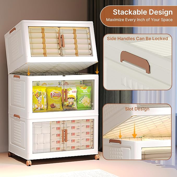 285Qt/70Gal Stackable Storage Bins with Lids and Divider, 3Pack Collapsible Drawers with Doors, Foldable Cabinet with Wheels, Plastic Closet Organizers Containers for Home, Dorm