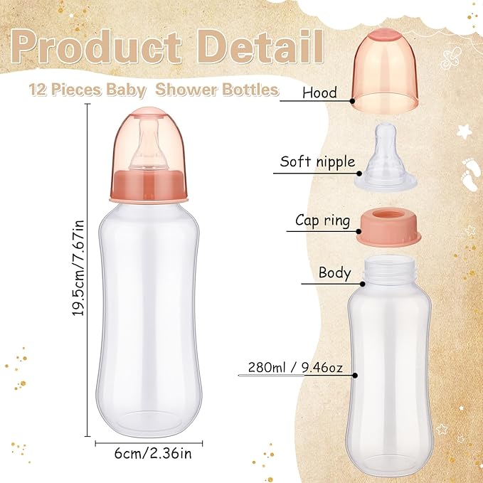 TrelaCo Cool Baby Shower Games Sets 12 Pcs Feeding Bottles with 1 Bottle Chug Sign for Gender Reveal Baby Shower Party Favors Decoration Games(Elegant,Kraft)