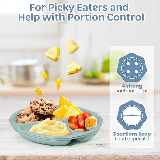6 Pack Suction Plates for Baby with Spoon Fork Divided Toddler Plate with Suction Silicone Baby Self Feeding Set for Boys Girls (Dark Gray, Army, Dark Blue, Orange, Khaki, Pink)
