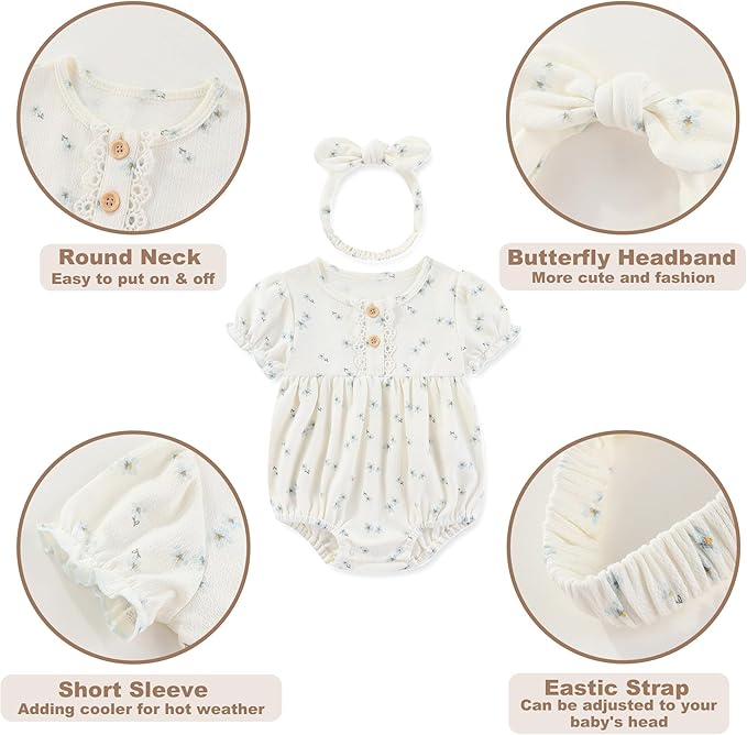 Newborn Baby Girl Clothes Cotton Bubble Romper Floral Short Sleeve Bodysuit 3 Pack